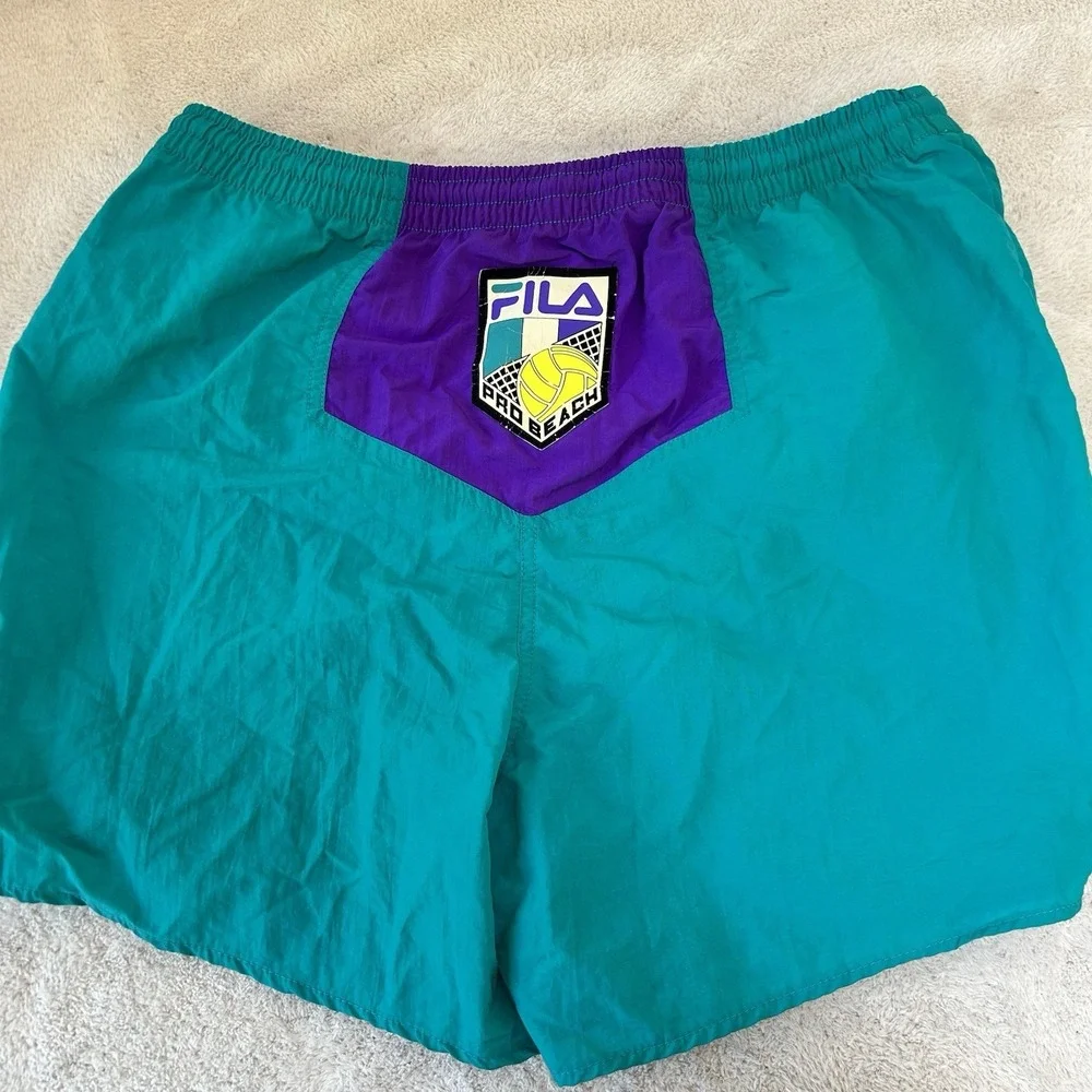 VINTAGE Fila Swim Trunks Mens XL Green Purple 80s Beach Volleyball USA Made READ